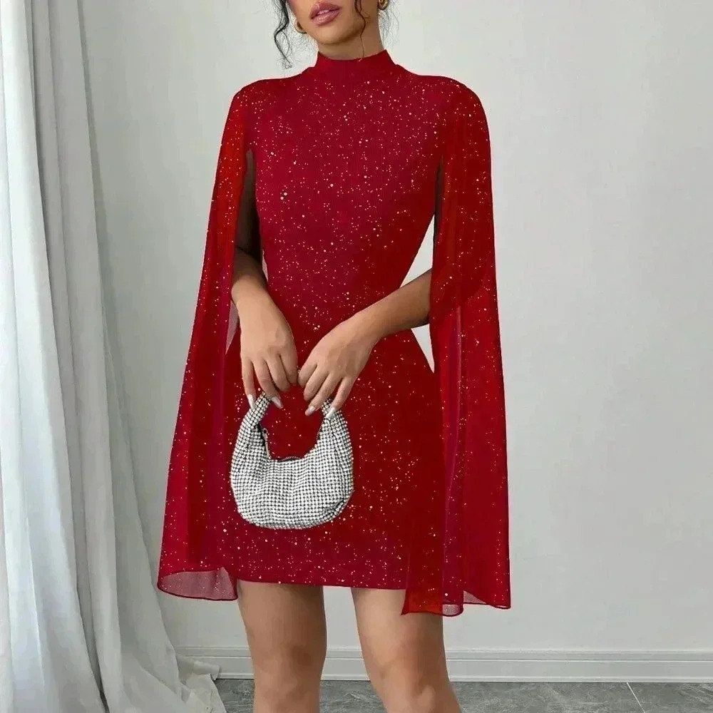 Red Party Women's Fitted Short Casual Mock Neck Flared Sleeve Bodycon Dress
